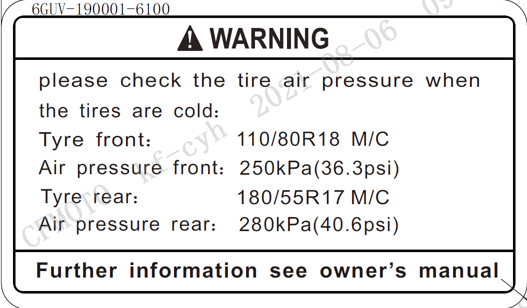 INSTRUCTION LABEL, TIRE PRESSURE